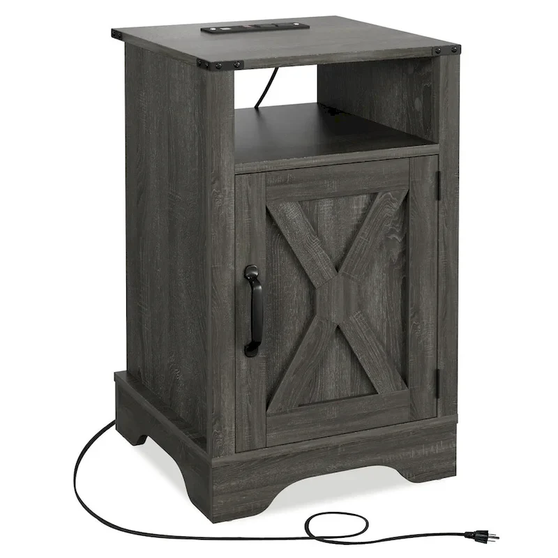 Farmhouse Nightstand with Charging Station and Barn Door