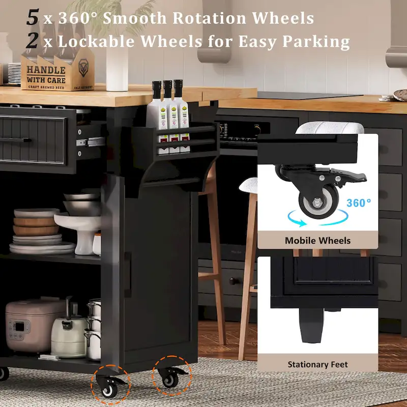 56.5 Kitchen Island with Drop Leaf and Charging Station, Rolling Kitchen Cart on Wheels with Drawers and Adjustable Shelves