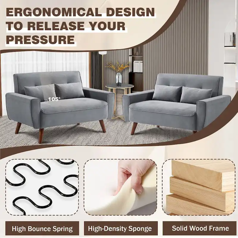 48.82 Small Tufted Loveseat Sofa 2 Set with Tapered Wood Legs