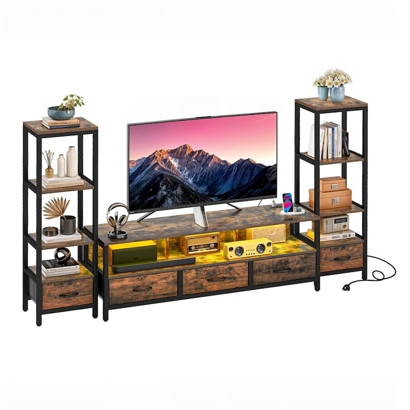 TV Stand with 4-Tier Bookcase and LED Lighting, Fits TVs up to 65 Inches - 58 Inches Wide, Rustic Brown