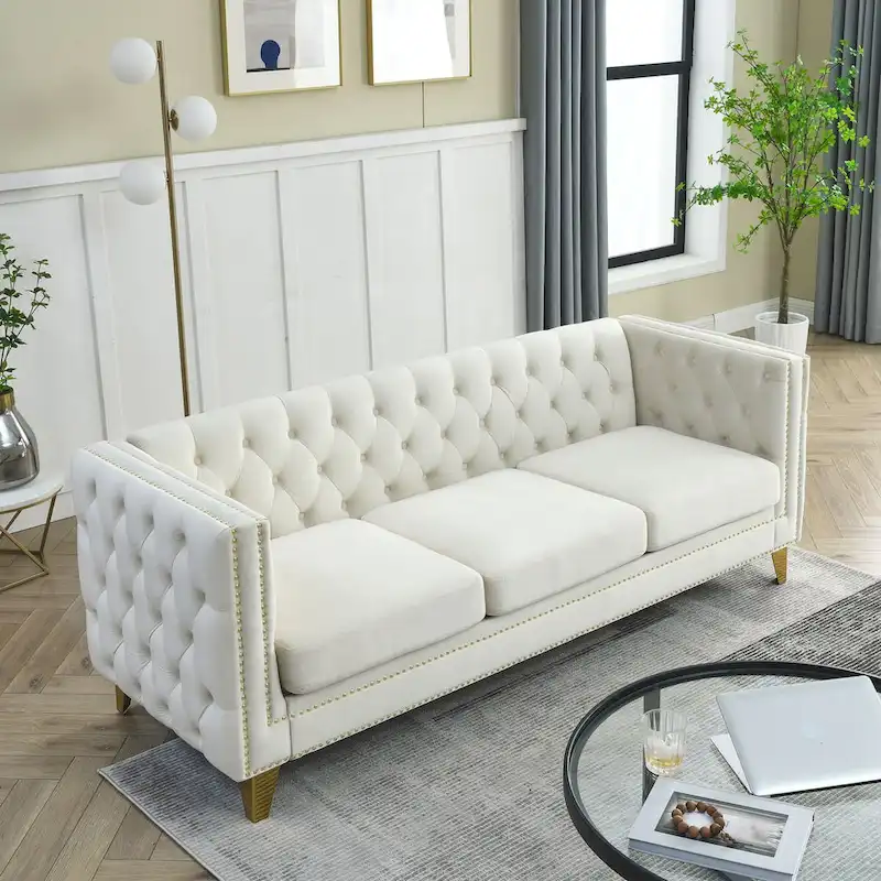 Velvet Chesterfield Sofa, Tufted 3-Seater with Metal Legs (Black / Gray / Beige)