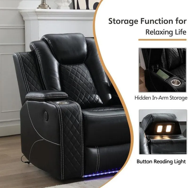 Power Reclining Sofa with Wireless Charger & LED Light – Faux Leather, Black