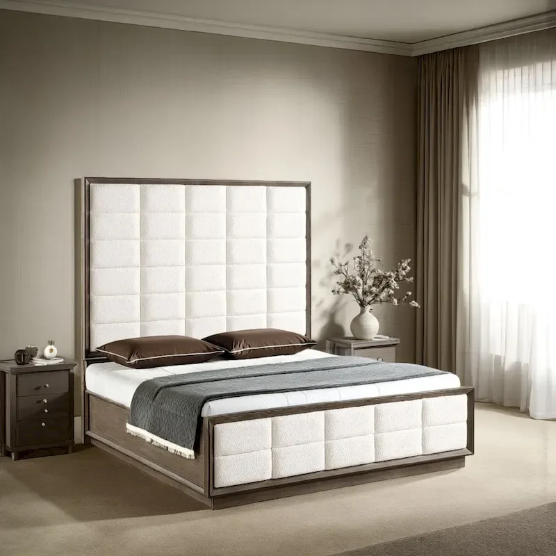 California King Bed, Ivory Mesh Quilted Mattress, Oak Brown