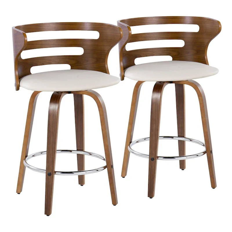 Fixed-Height Counter Swivel Stool, Fabric/Faux Leather, Walnut/Grey Wood, Set of 2