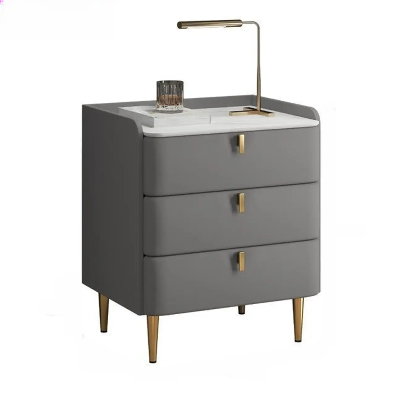 Modern Leather Stone Top Gold Accents 3-Drawer Nightstand