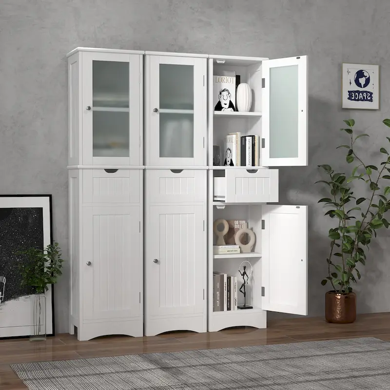 Bathroom Tall Cabinet Freestanding Linen Tower with Doors & Drawer