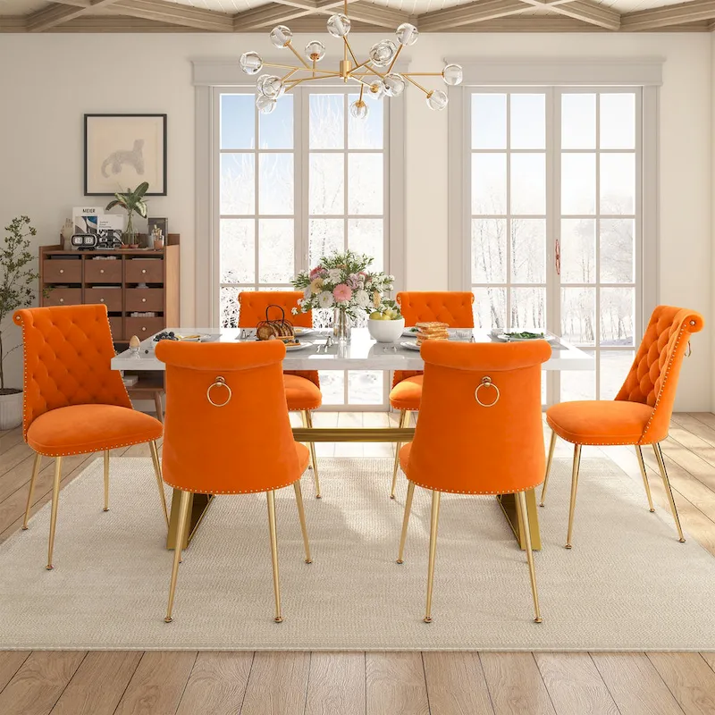 7-Piece Clihome Marble Dining Table with Velvet Chair Dining Chair