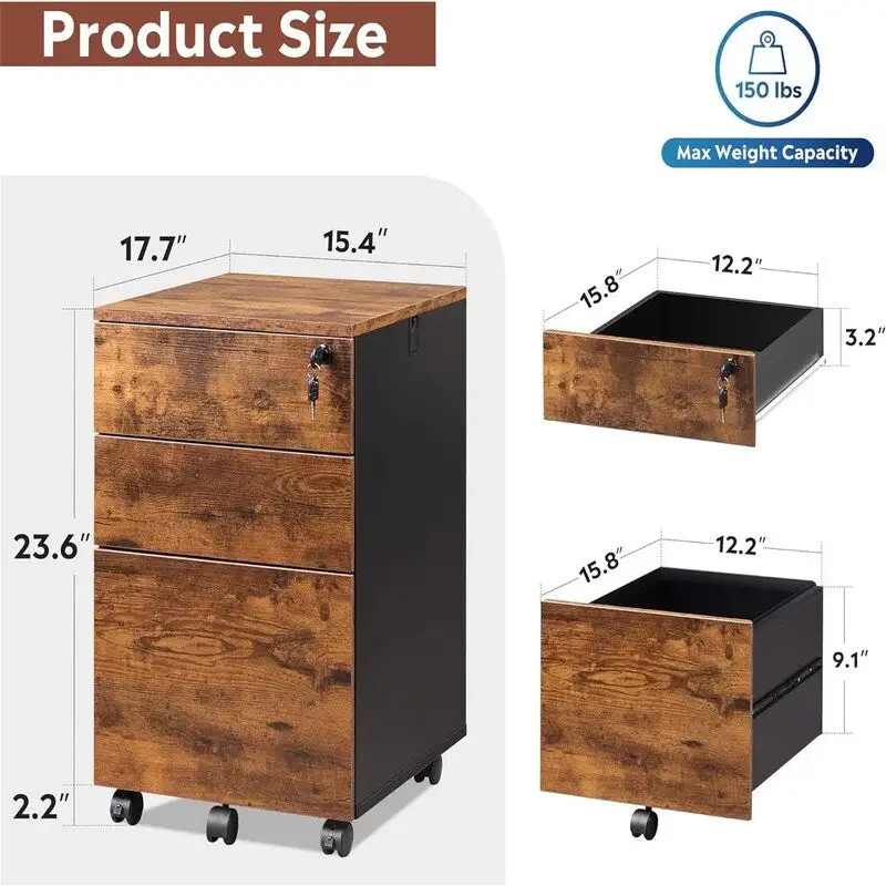 3 Drawer File Cabinet with Lock - 17.7 D x 15.5 W x 25.8 H