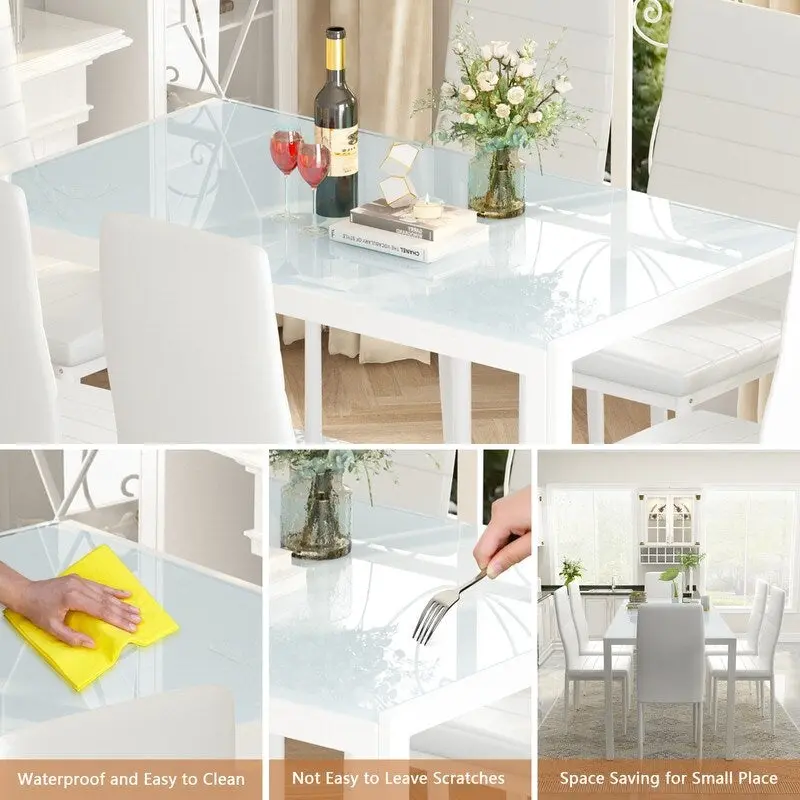 Grondin Modern Style 7-Piece Dining Room Table Set with Tempered Glass Tabletop and 6 PU Leather Upholstered Chairs