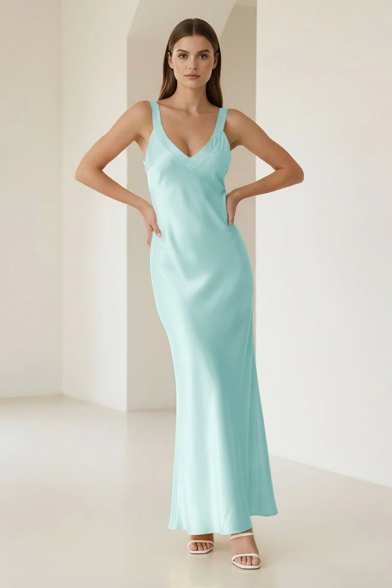 Yellow Mermaid Satin V Neck Long Party Dress