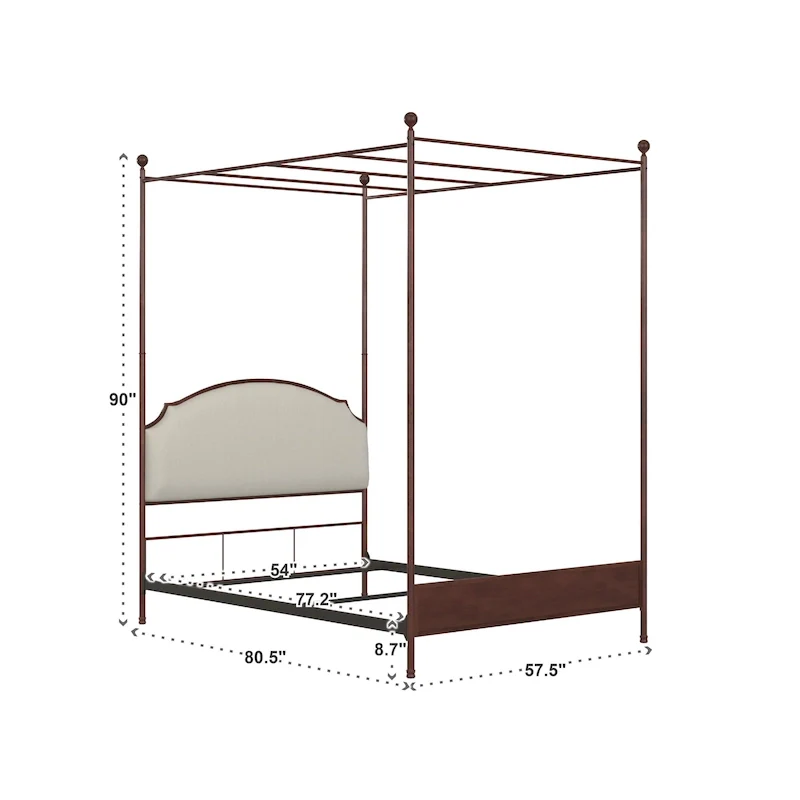 Cream Linen Transitional Canopy Poster Bed, Cherry Brown Frame (Twin/Full/Queen/King)