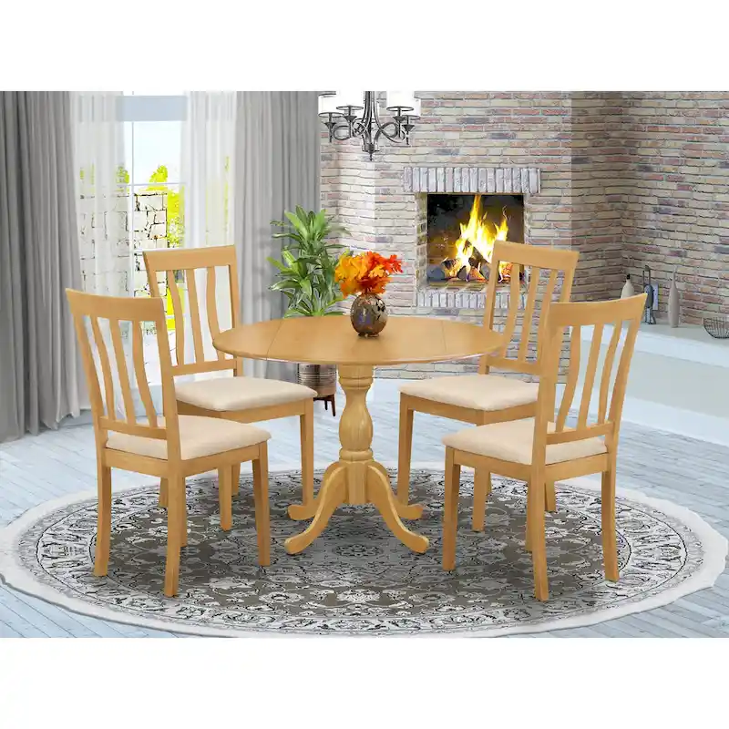 East West Furniture Kitchen Table Set- a Round Dining Room Table with Dropleaf and Linen Fabric Chairs, Oak (Pieces Option)