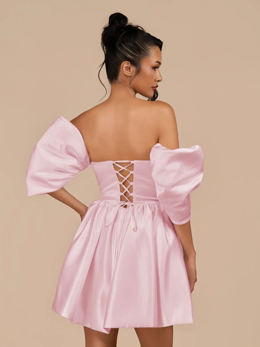 Pink - A Line Satin Strapless Puffed Sleeves Short Homecoming Dresses