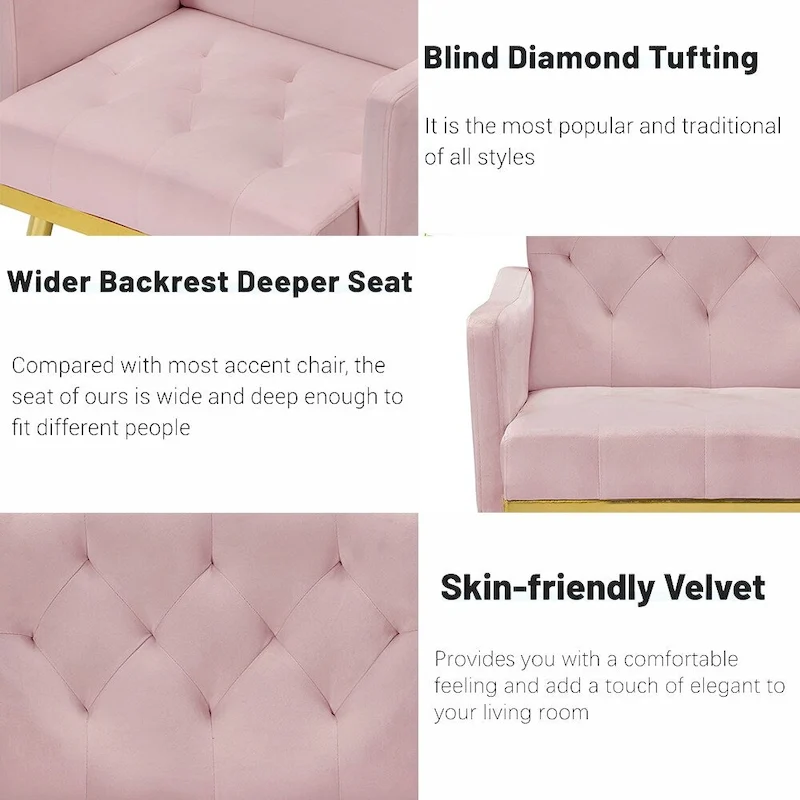 Velvet Accent Chair, Comfy Tufted Upholstered Armchair, Gold Legs - 28.7W