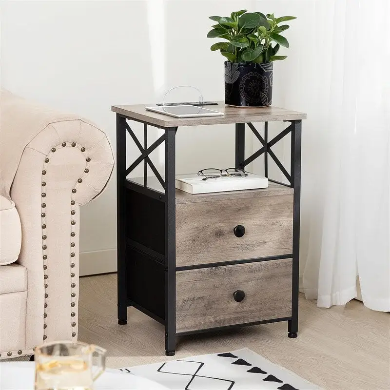 Nightstand with Charging Station and Fabric Drawers