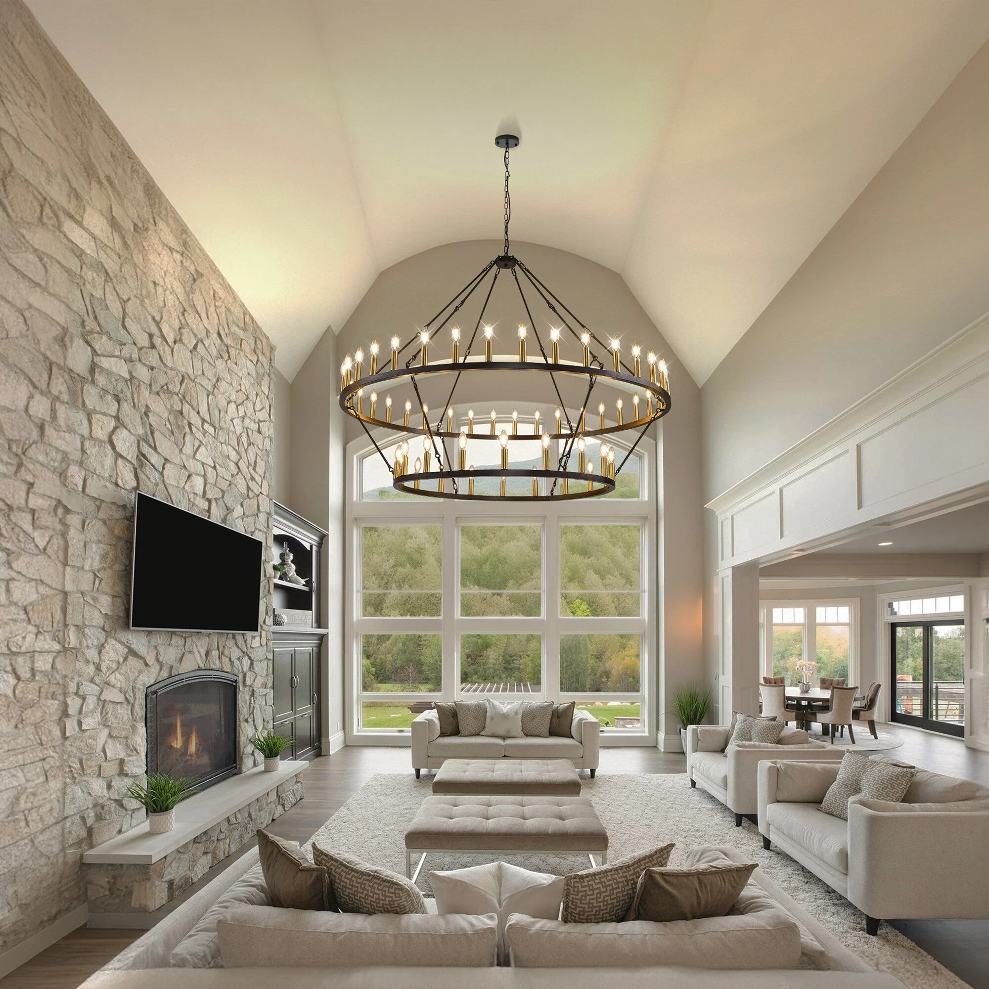 Modern Farmhouse Chandelier 2 Tier Round Wagon Wheel Chandelier Large High Ceiling Light.