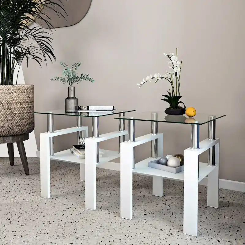 Set of 2 Tempered Glass Side Tables with Metal Legs, Square, Black