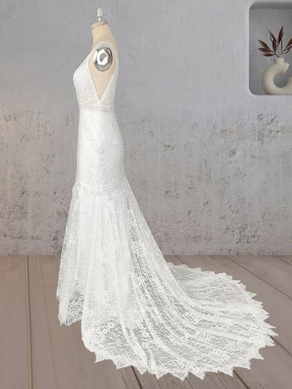 Mermaid White V Neck Illusion Wedding Dress