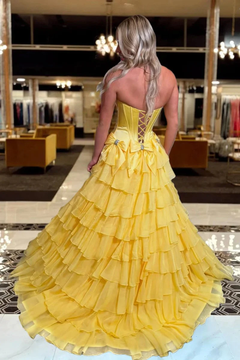 Yellow - Scoop Neck A Line Chiffon Tiered Prom Dresses With Bowknot