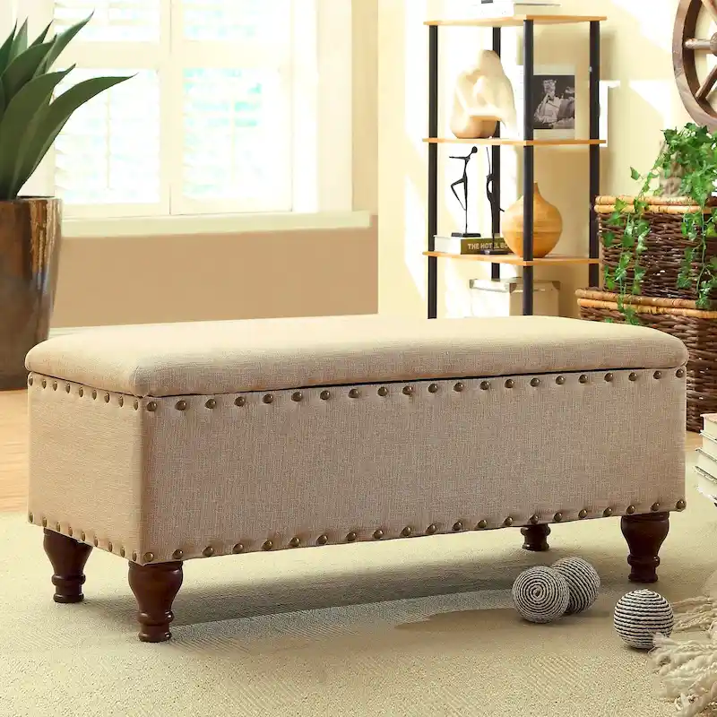Upholstered Storage Bench with Bronze Nailhead Trim & Wood Legs – Tan / Red & Gold Damask / Orange & Cream Medallion / Gray Woven – 2-3 Person