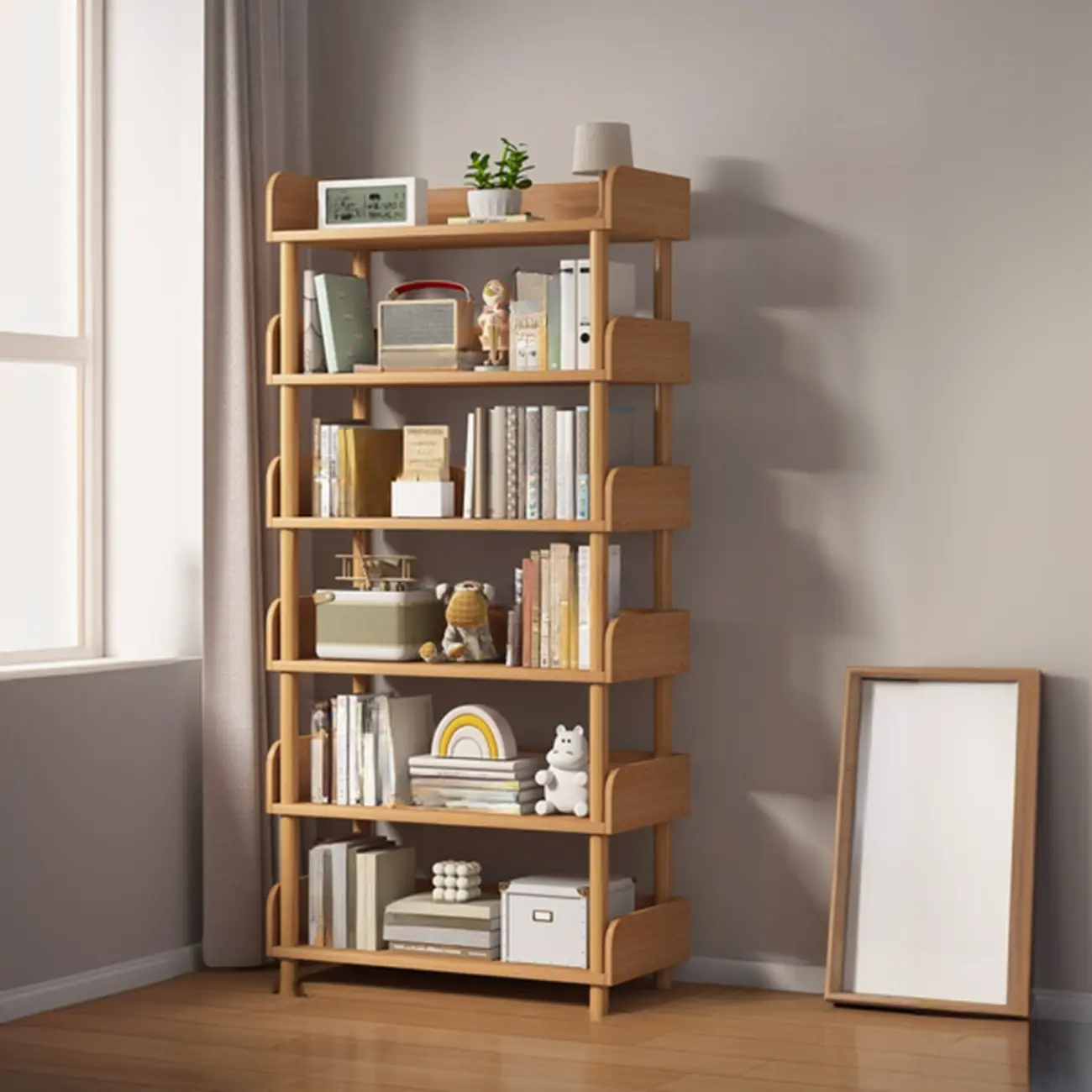 Vertical Natural Multi-Shelf Open Back Wood Bookcase