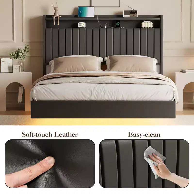 Floating Bed Frame with Storage Headboard, Charging Station and Smart LED Lights, Padded Platform Bed Frame, No Spring Mattress Required, Noiseless