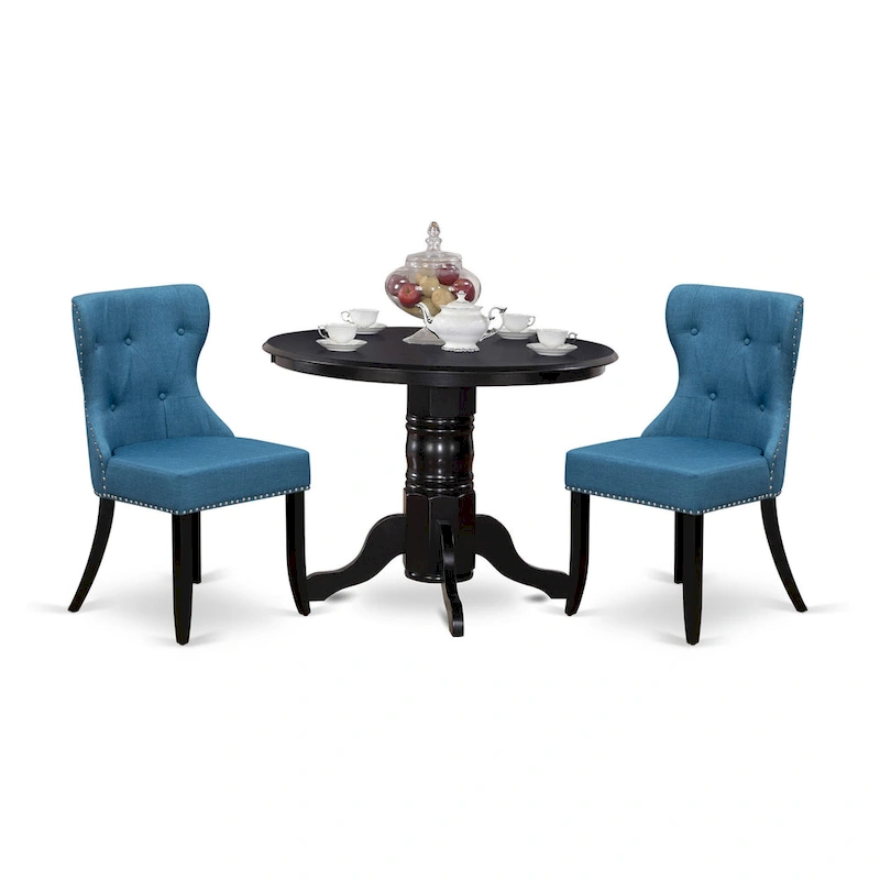 East West Furniture Kitchen Table Set- a Round Dining Table and Blue Linen Fabric Parson Chairs, Black(Pieces Options)
