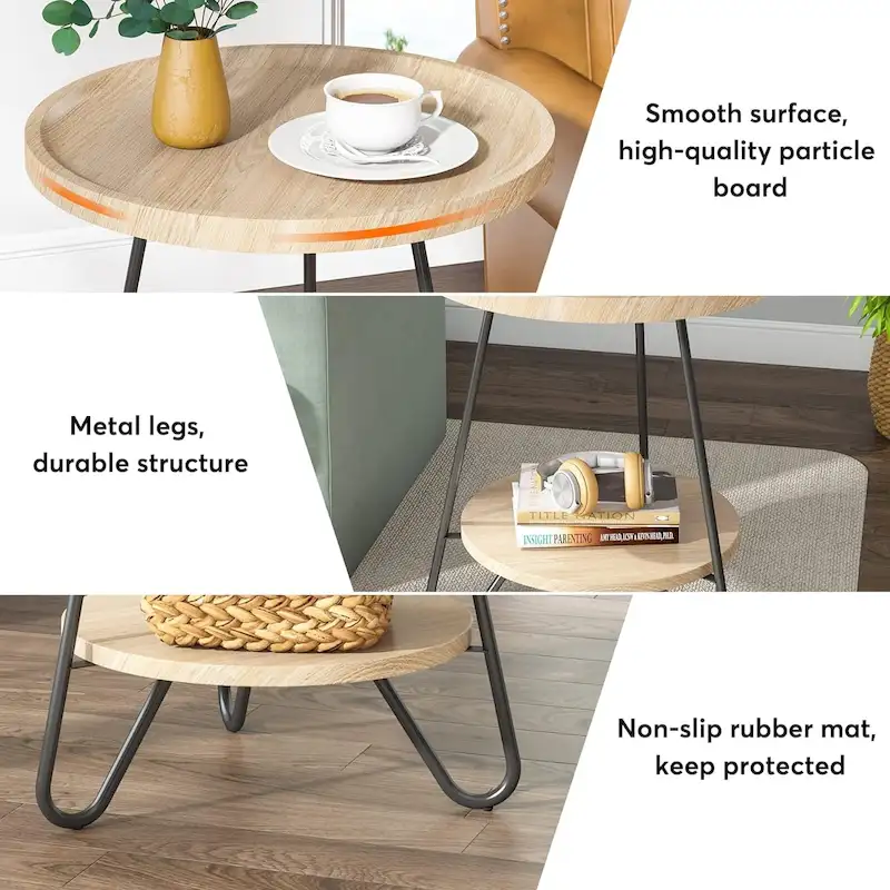 Round Side Table, Wooden End Table, 2-Tier Sofa Side Table with Metal Legs