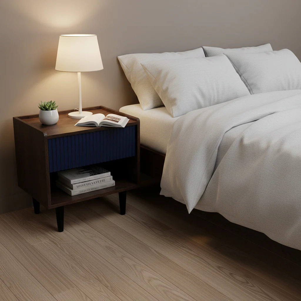 Navy Blue / Black Mid-Century Modern Ribbed Nightstand with Drawer and Open Shelf – 1-Person