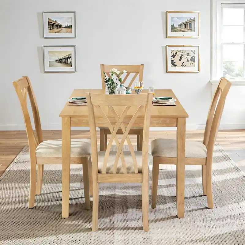 Wooden Rectangle Dining Room Table Set of 5, Kitchen Set with Dining Table and 4 Cross Backrest Chairs for 4-6 Persons