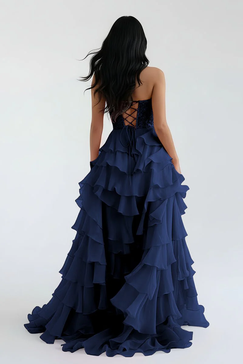 Royal Blue Chiffon Sweetheart Ruffle Tiered Long Prom Dress