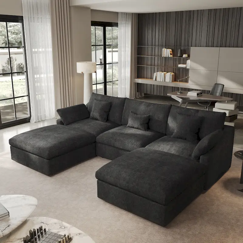 Classic Modern Linen Sectional Modular Sofa 3-Seater with 2 Ottomans, U-shaped Down Filled Cloud Couch with Cushions