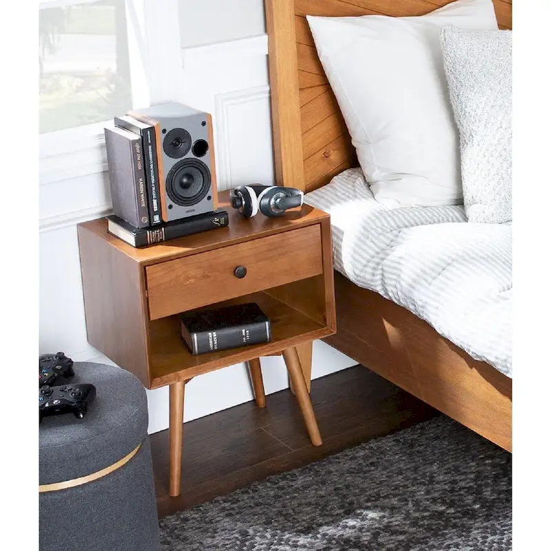 Mid-Century Solid Wood 1-Drawer Nightstand
