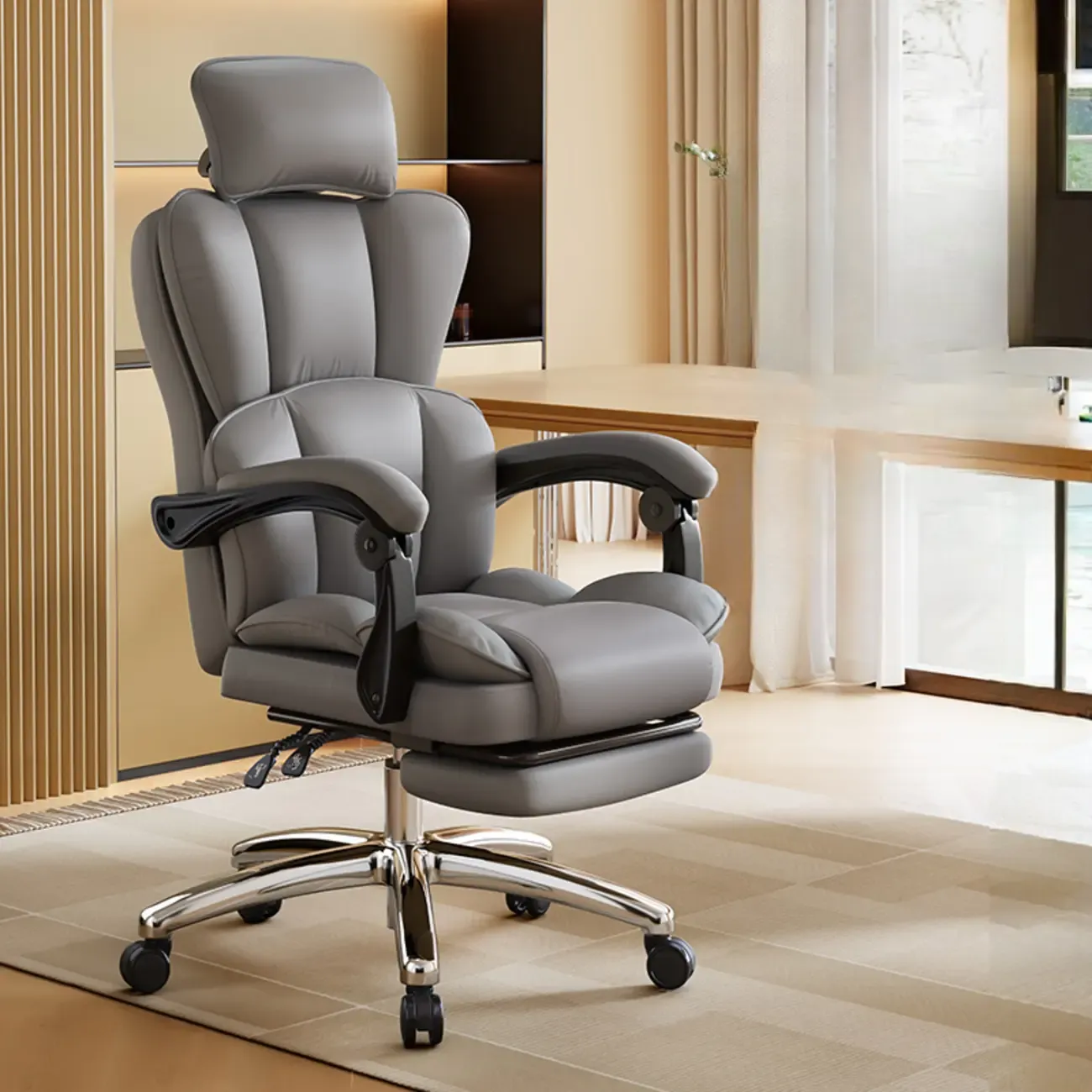 Modern Khaki Leather Adjustable Reclining Office Chair
