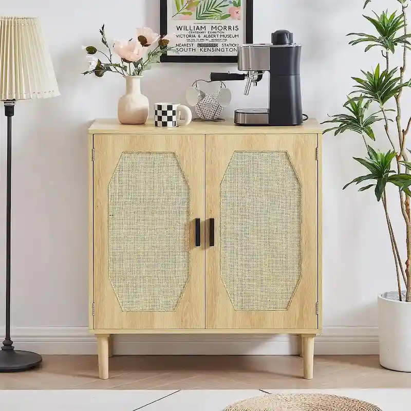 Rustic Storage Cabinet with 2 Rattan Doors