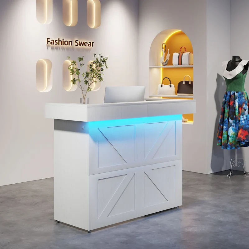 Modern Reception Desk with LED Light Strip – 2 Cable Grommets, High Side Panels, White Wood Grain