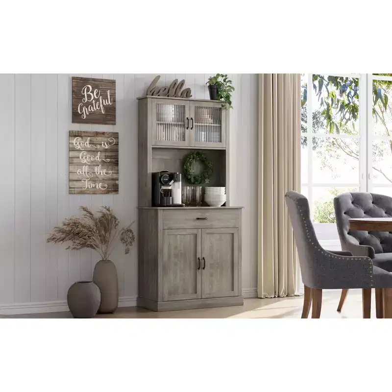 Farmhouse Buffet Cabinet with Drawers,Kitchen Pantry Storage Cabinet, Microwave Stand, Glass Door Coffee Cabinet for Dining Room,