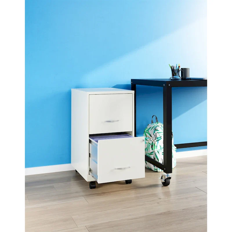 White 2-Drawer Mobile Steel Vertical File Cabinet with Cam Lock & Casters