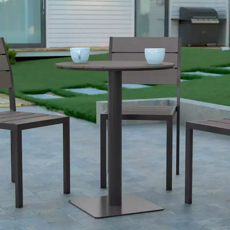 Emma and Oliver 24 Round Outdoor Dining Table with Faux Teak Poly Slats and Steel Frame