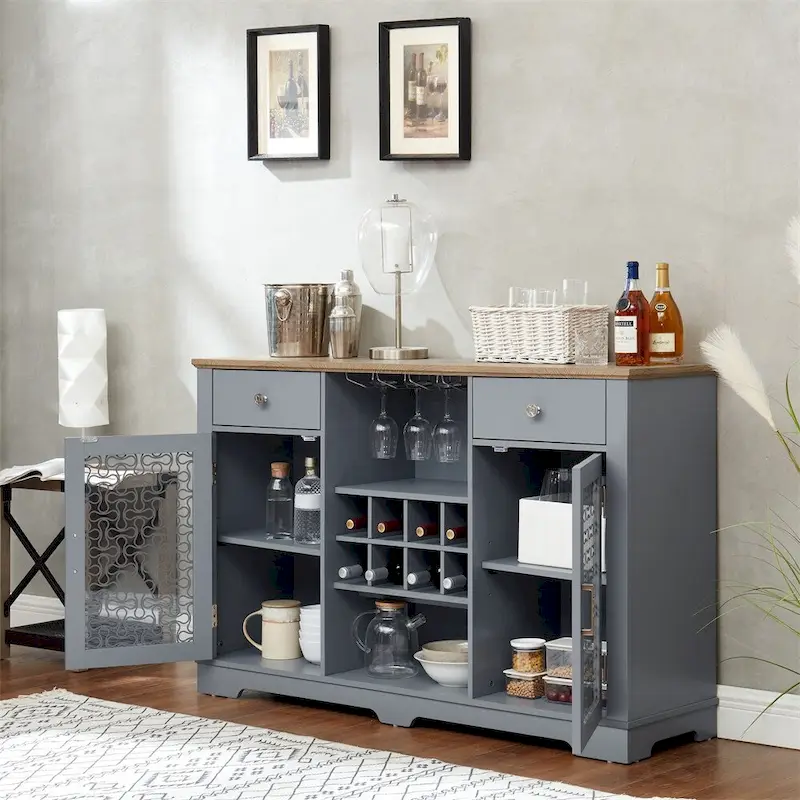 Light Blue & Oak Buffet Cabinet with Glass Doors, 2 Drawers, for 1