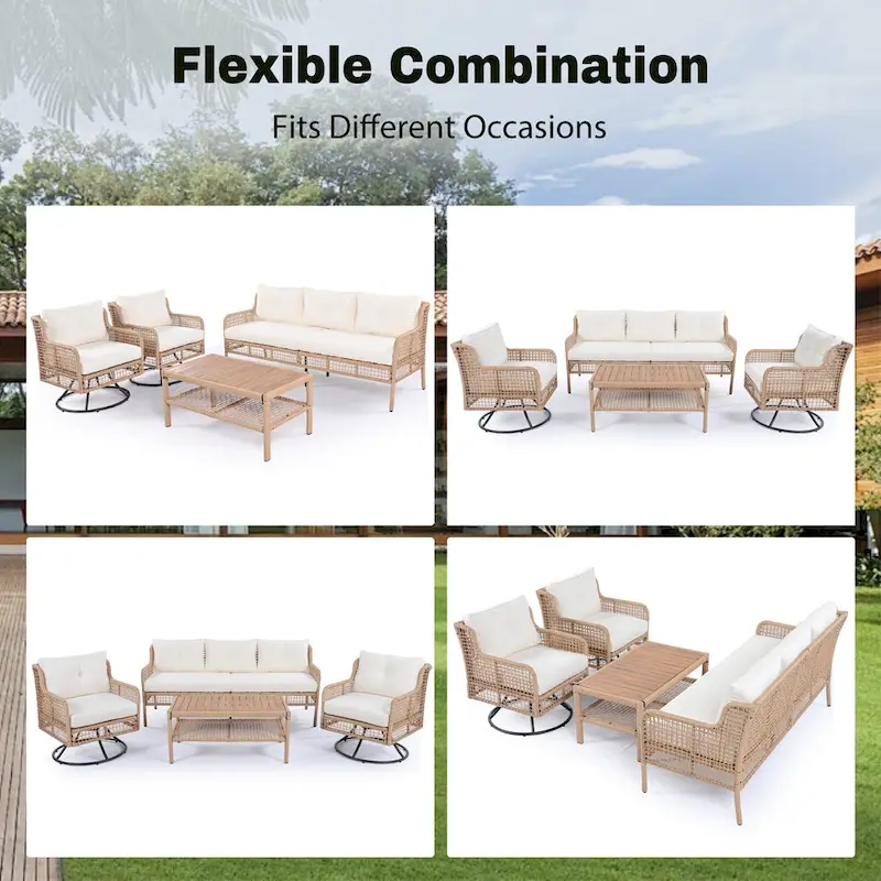 4-Piece Rattan Conversation Sofa Set with Swivel Chairs & Table