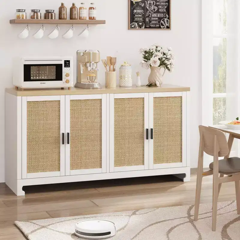 4 Doors and Shelf, Rattan Accent Storage Cabinet, Dining Room, Kitchen, Living Room