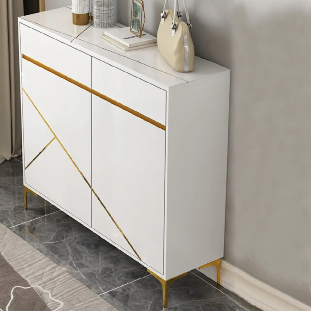 Trendy Gray Wood Shoe Cabinet with Drawers & Display Top