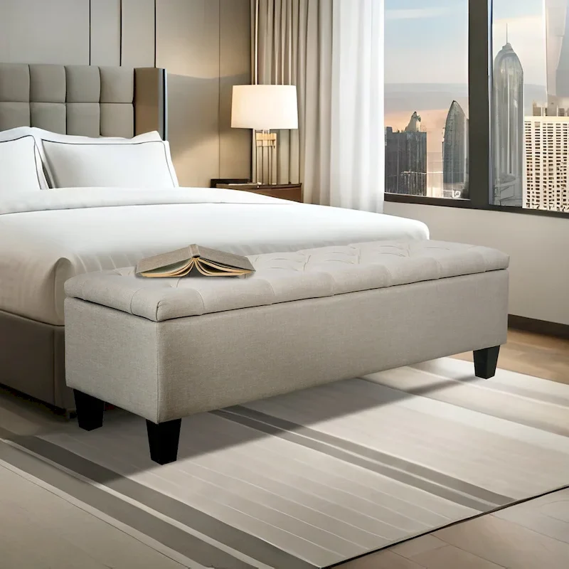 Beige / Grey / Dark Grey Button Tufted Flip-Top Storage Bench, 1-Seater
