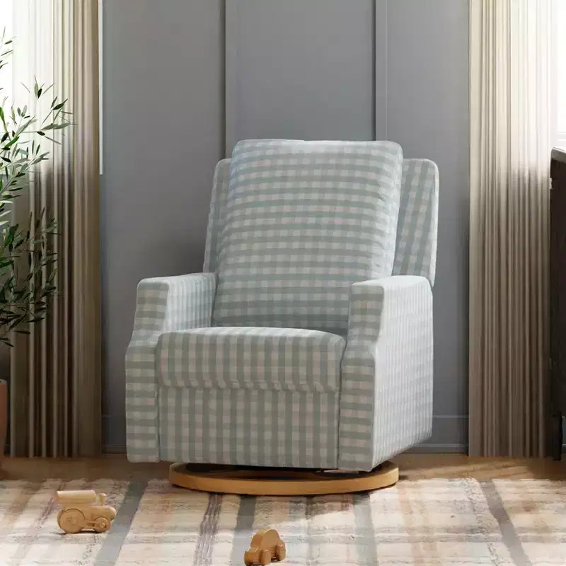 Namesake Crewe Electronic Recliner and Swivel Glider - Blue Gingham with Light Wood Base