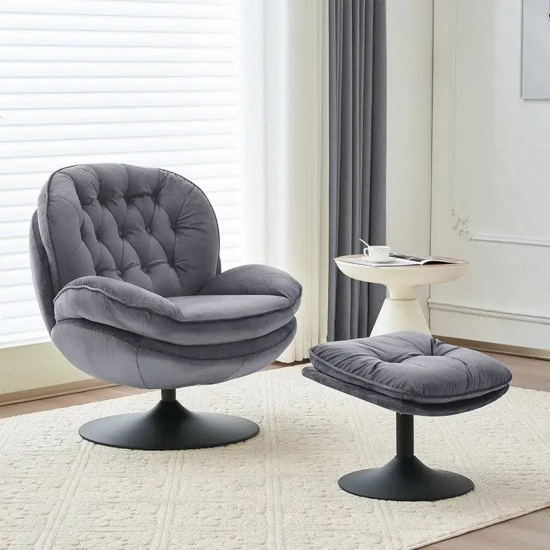 Velvet Swivel Accent Chair with Ottoman Round Reading Accent Chair Foot Stool Ottoman Set,360 Swivel,Metal Frame