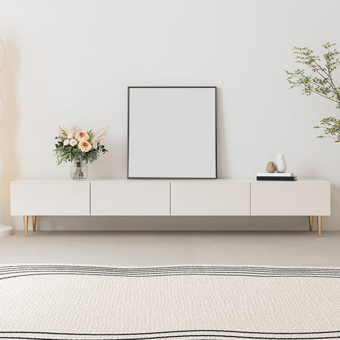 White Stone Cable Management Drawers TV Stand with Legs