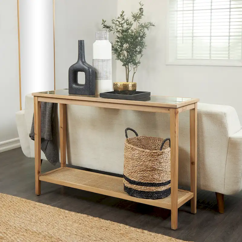 Wood Slim Natural 1 Shelf Console Table with Glass Top and Rattan Shelf - Brown - Roche River Decor - 14 Wx47 Lx32 H