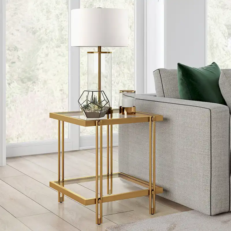 Brass / Blackened Bronze / Brass Walnut Geometric Steel & Glass Side Table – Single