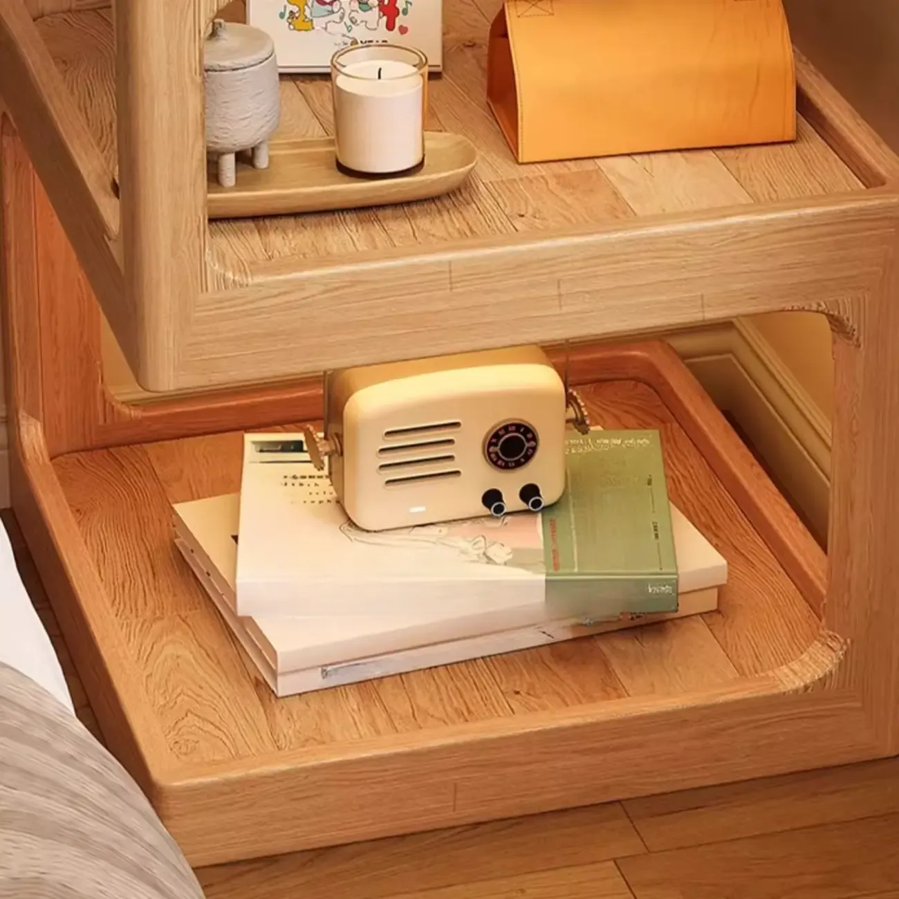 Elegant Narrow 3-Tier Natural Wood Nightstand with Glass Top